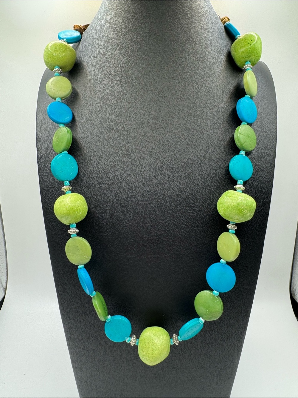 Bohemian-Style Necklace with Green & Blue Beads Strung on Brown Leather Cord